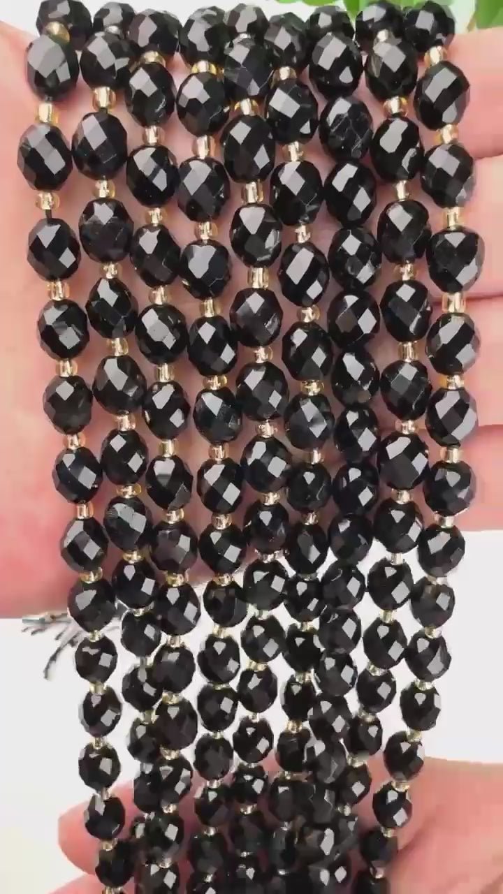Black Obsidian faceted rice barrel beads, natural volcanic glass