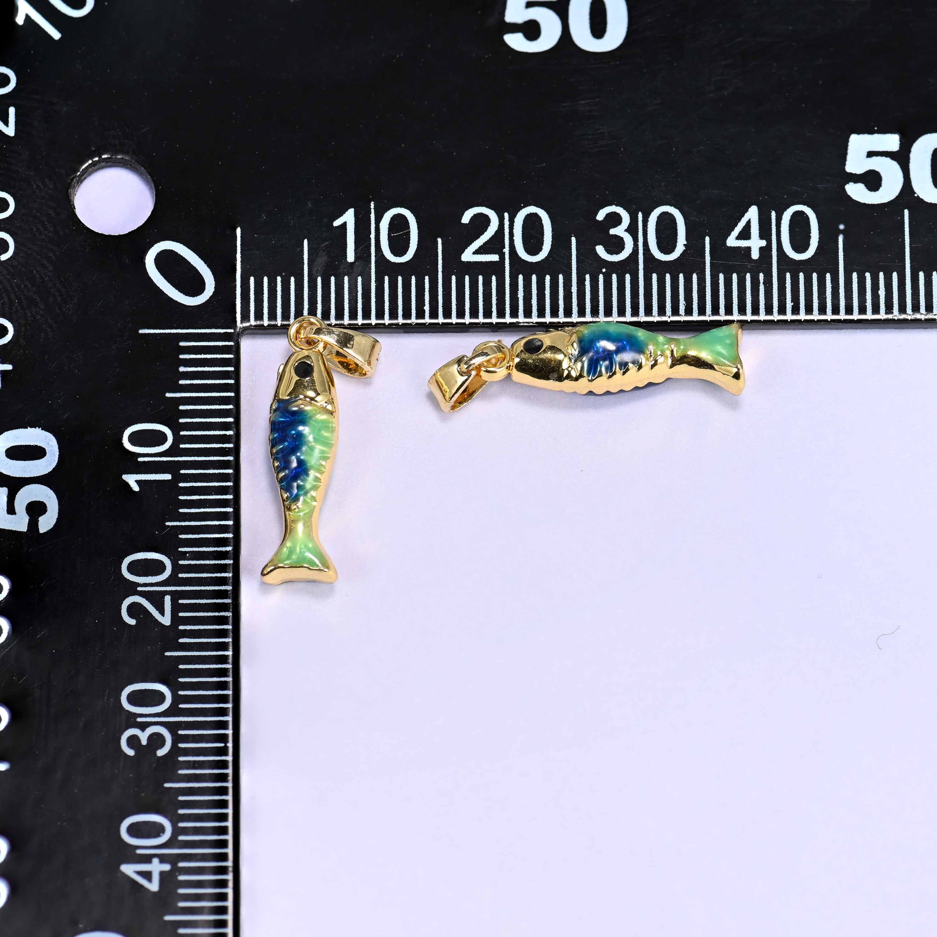 Enamel Blue Green Fish Charms: 18K Gold Filled Pendants, Jewelry Making Supply