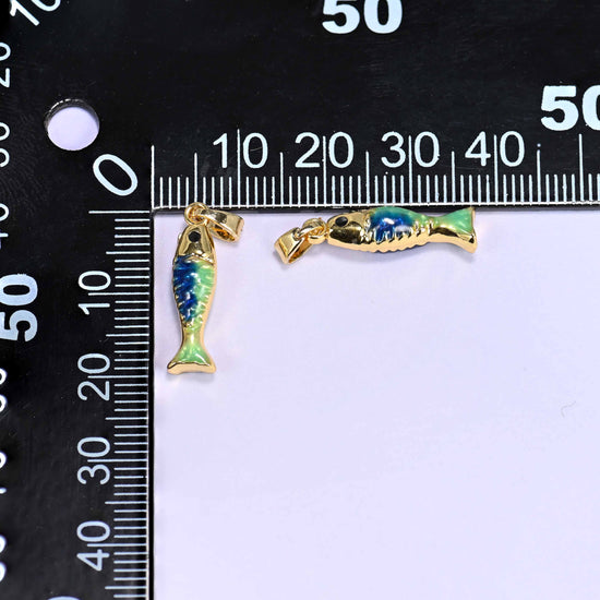 Enamel Blue Green Fish Charms: 18K Gold Filled Pendants, Jewelry Making Supply