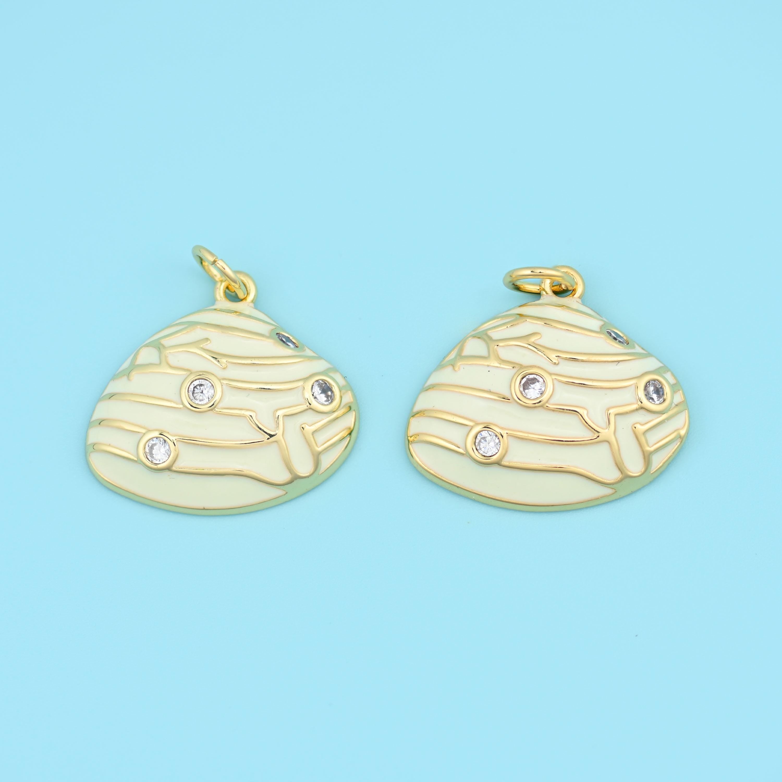 Enamel Sea Shell Charm 18K Gold Filled with Zircon 19.84x17.85mm in multiple colors available — white, ivory cream, teal,…