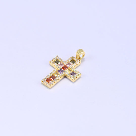 Zirconia cross charm in 18K gold plated brass, sold as a single piece