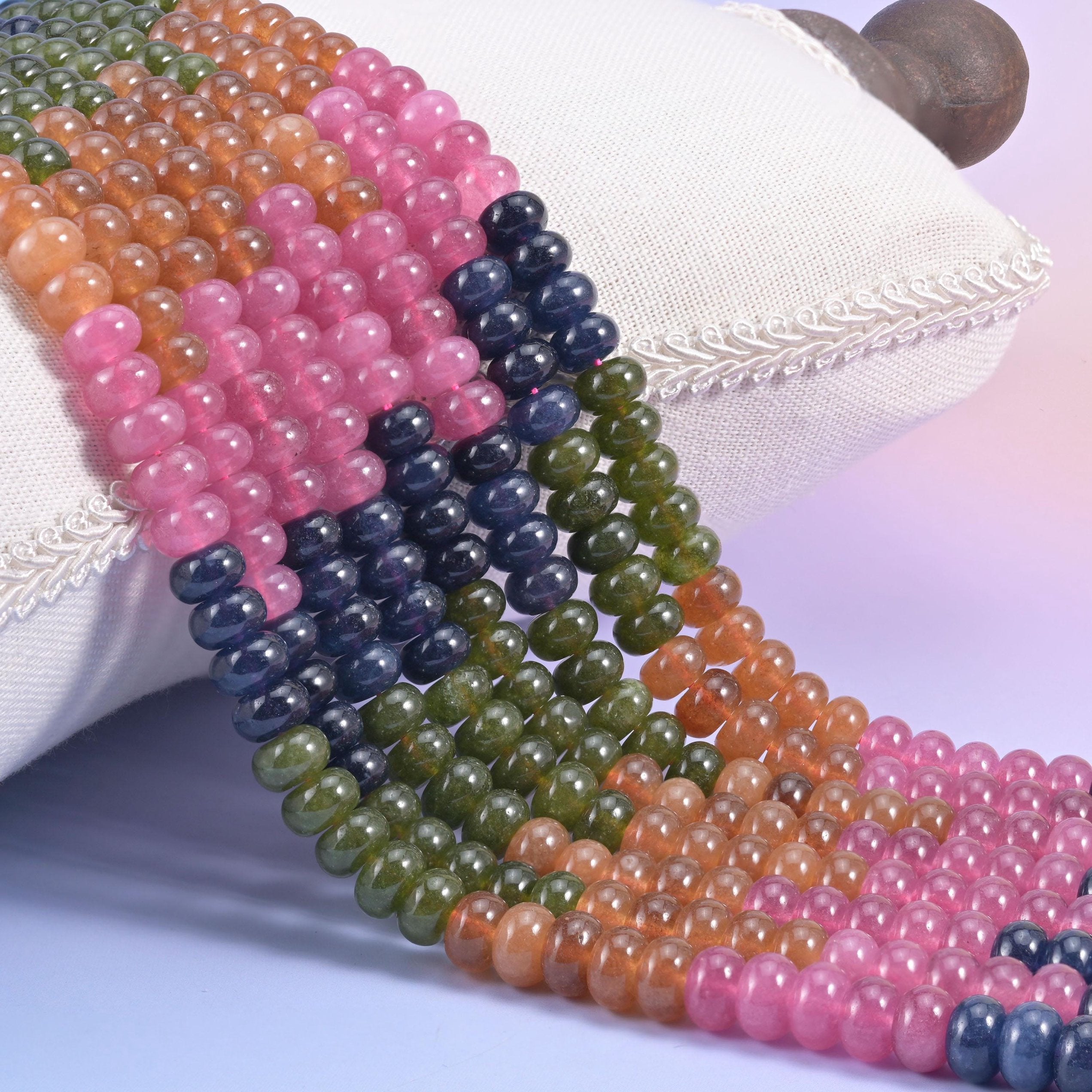 Tourmaline Color Dyed Jade smooth rondelle beads, colour-blocked in olive green, navy, rose pink and peach