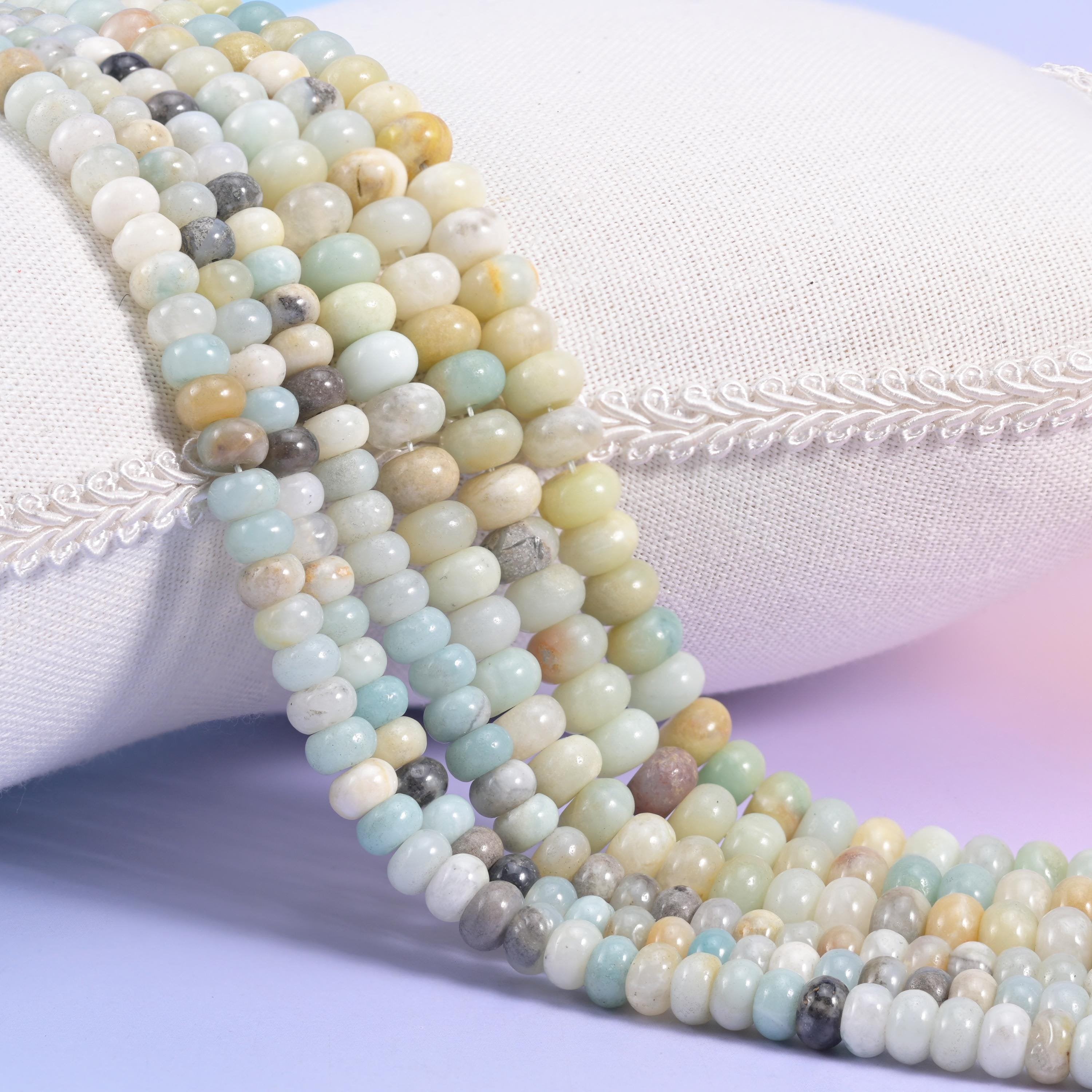 Natural Multi-Color Amazonite smooth rondelle beads in seafoam, cream, gray, and warm amber tones