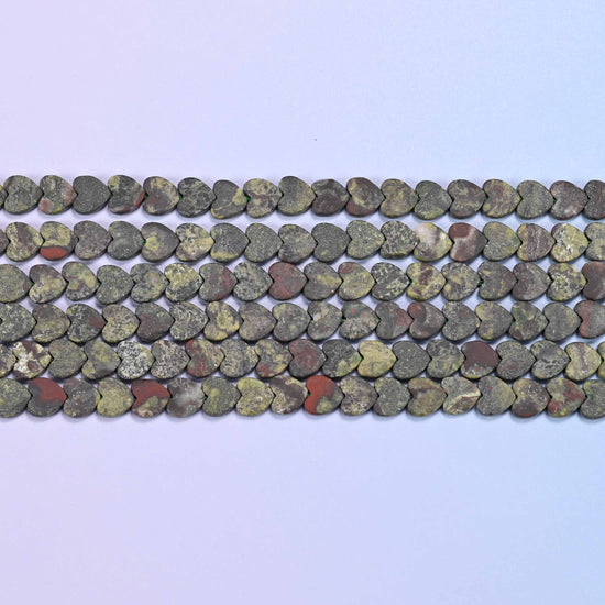 Matte Dragon Bloodstone Flat Heart Beads in dark olive and khaki green with brick-red flecks