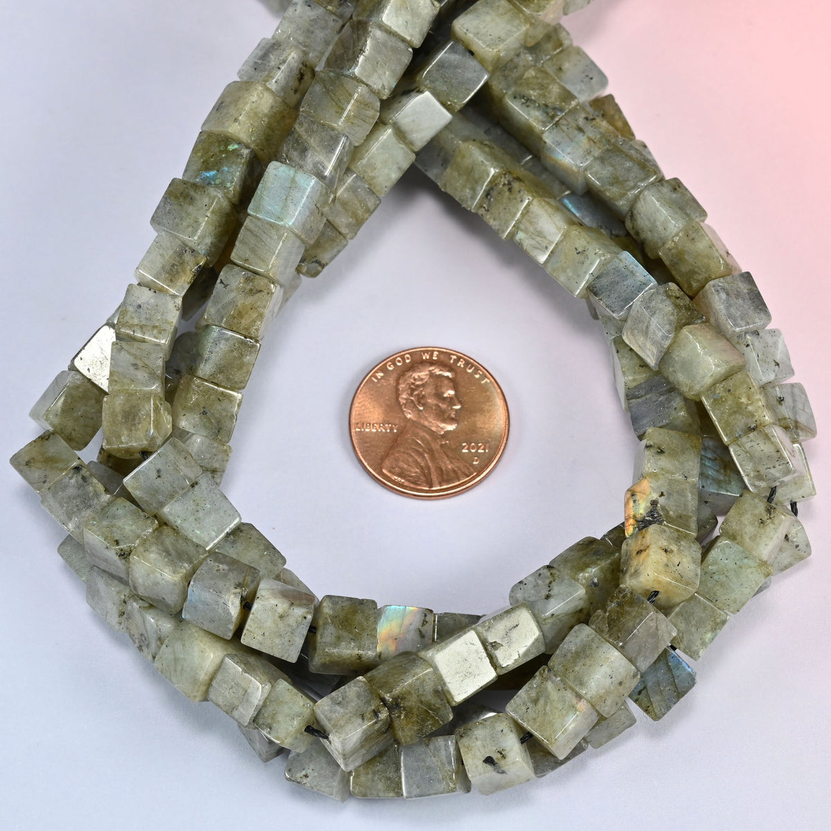 Gray Labradorite cube beads looped close, center drilled with a 1.0mm hole
