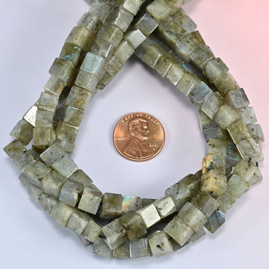 Gray Labradorite cube beads looped close, center drilled with a 1.0mm hole