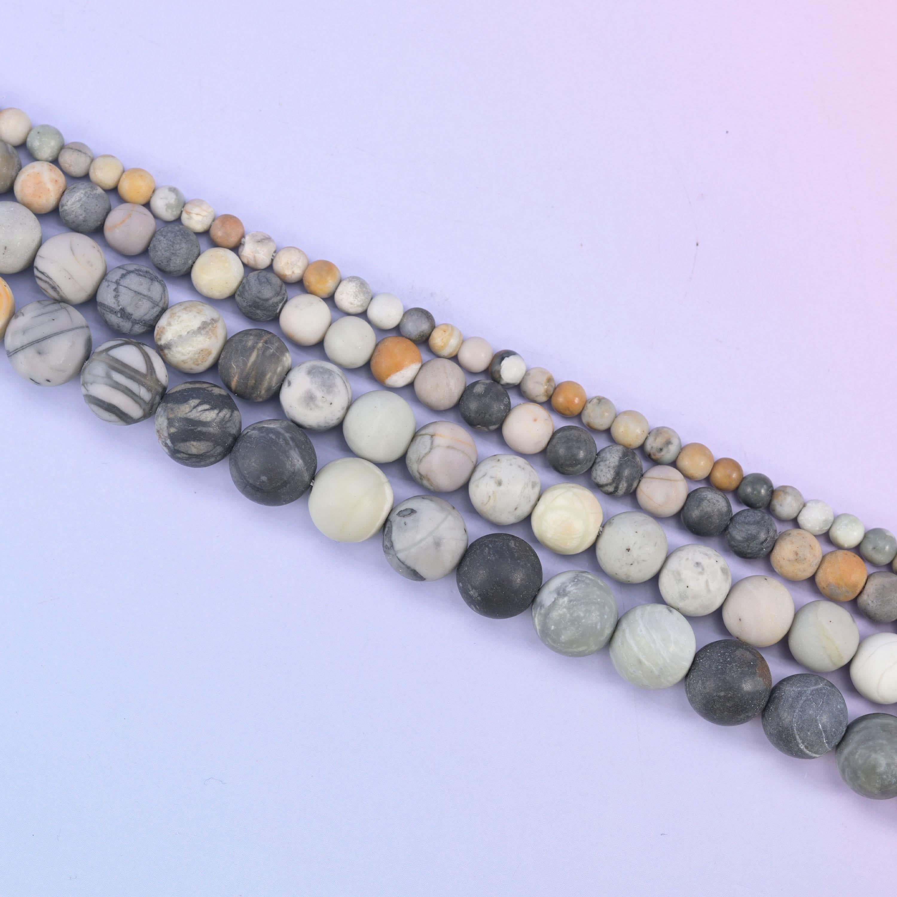 Picasso Jasper Matte Round Beads in chalky cream, dove grey and charcoal with dark dendritic lines