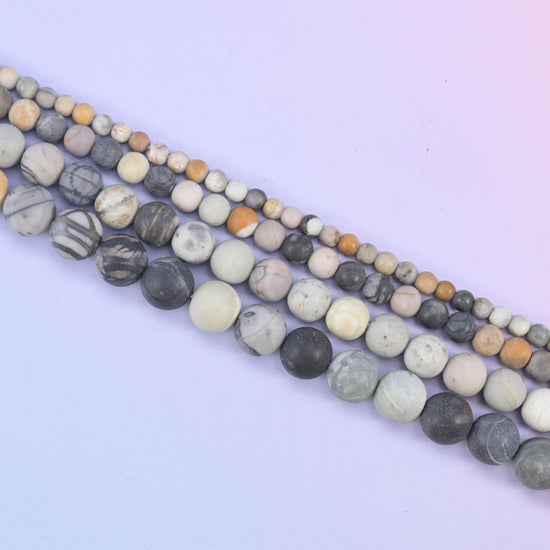 Picasso Jasper Matte Round Beads in chalky cream, dove grey and charcoal with dark dendritic lines
