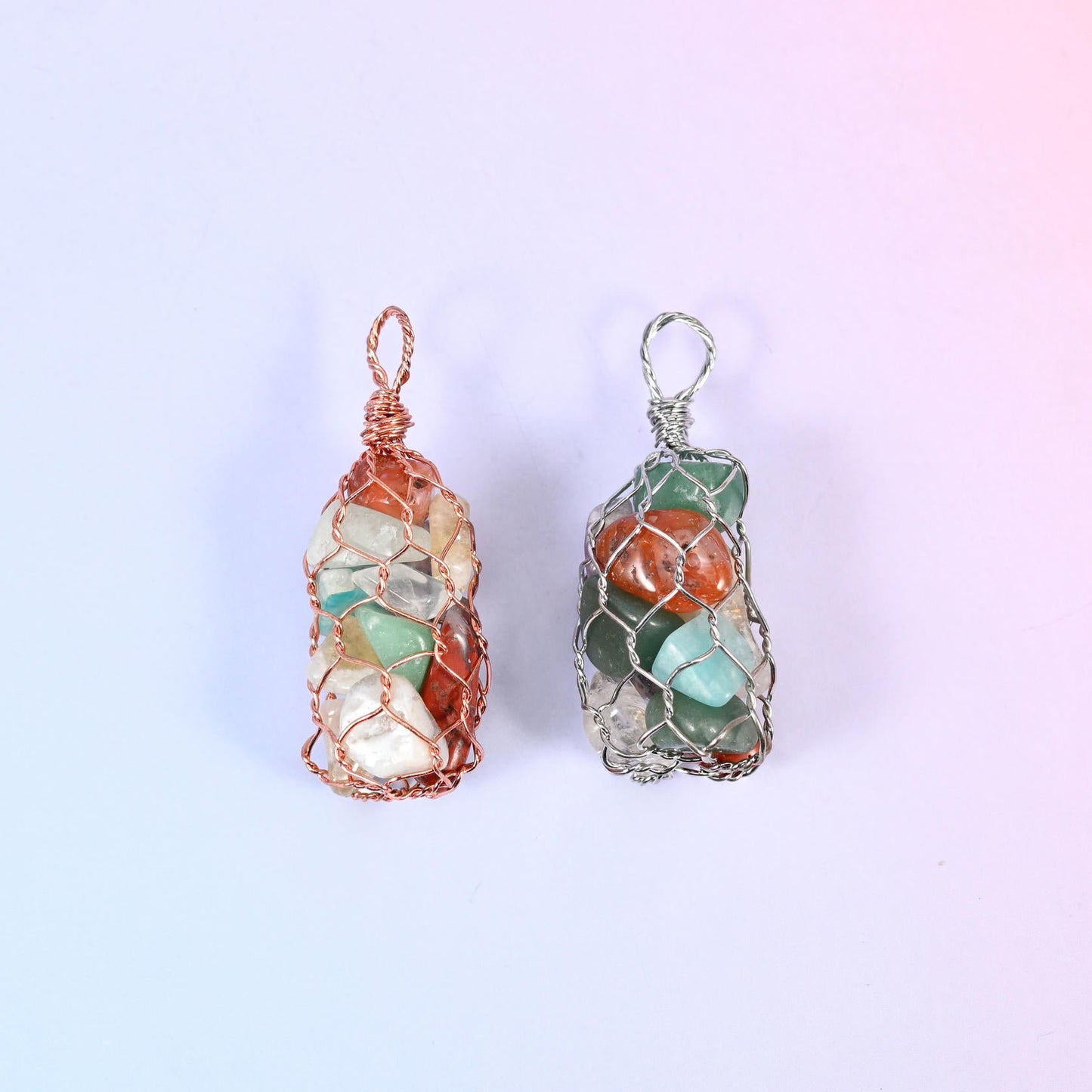 Gemstone chip beads, wire wrapped cage pendant, 48x20mm