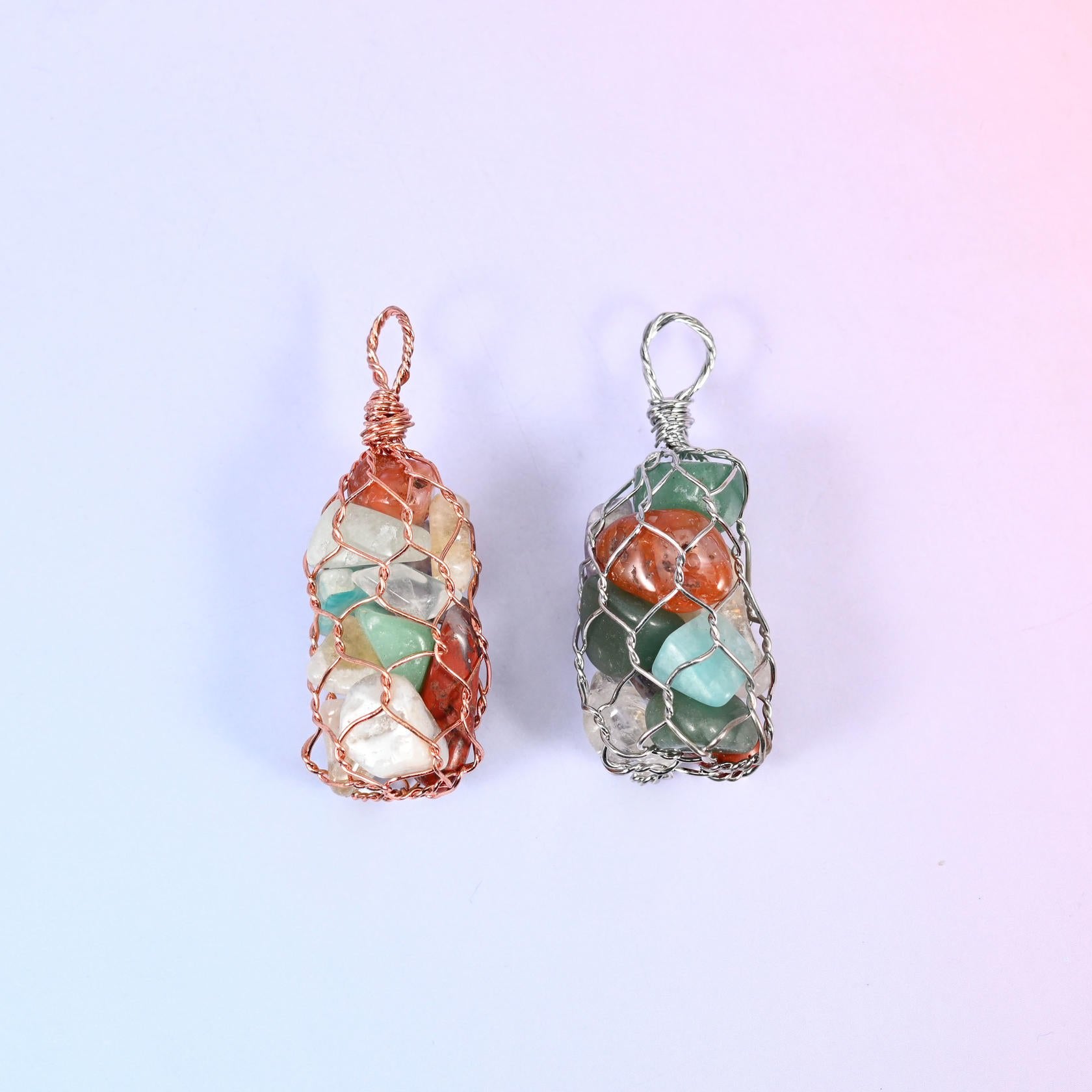 Gemstone chip beads, wire wrapped cage pendant, 48x20mm