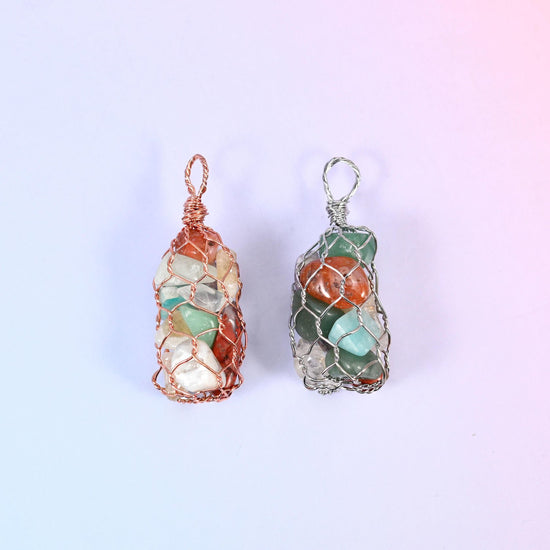Gemstone chip beads, wire wrapped cage pendant, 48x20mm