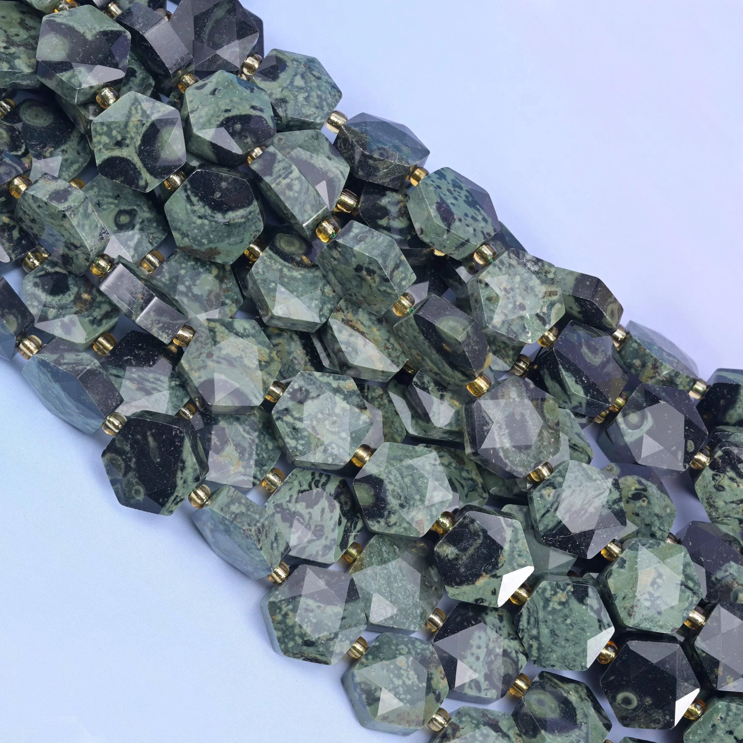 Flat faceted hexagon cut kambaba jasper beads
