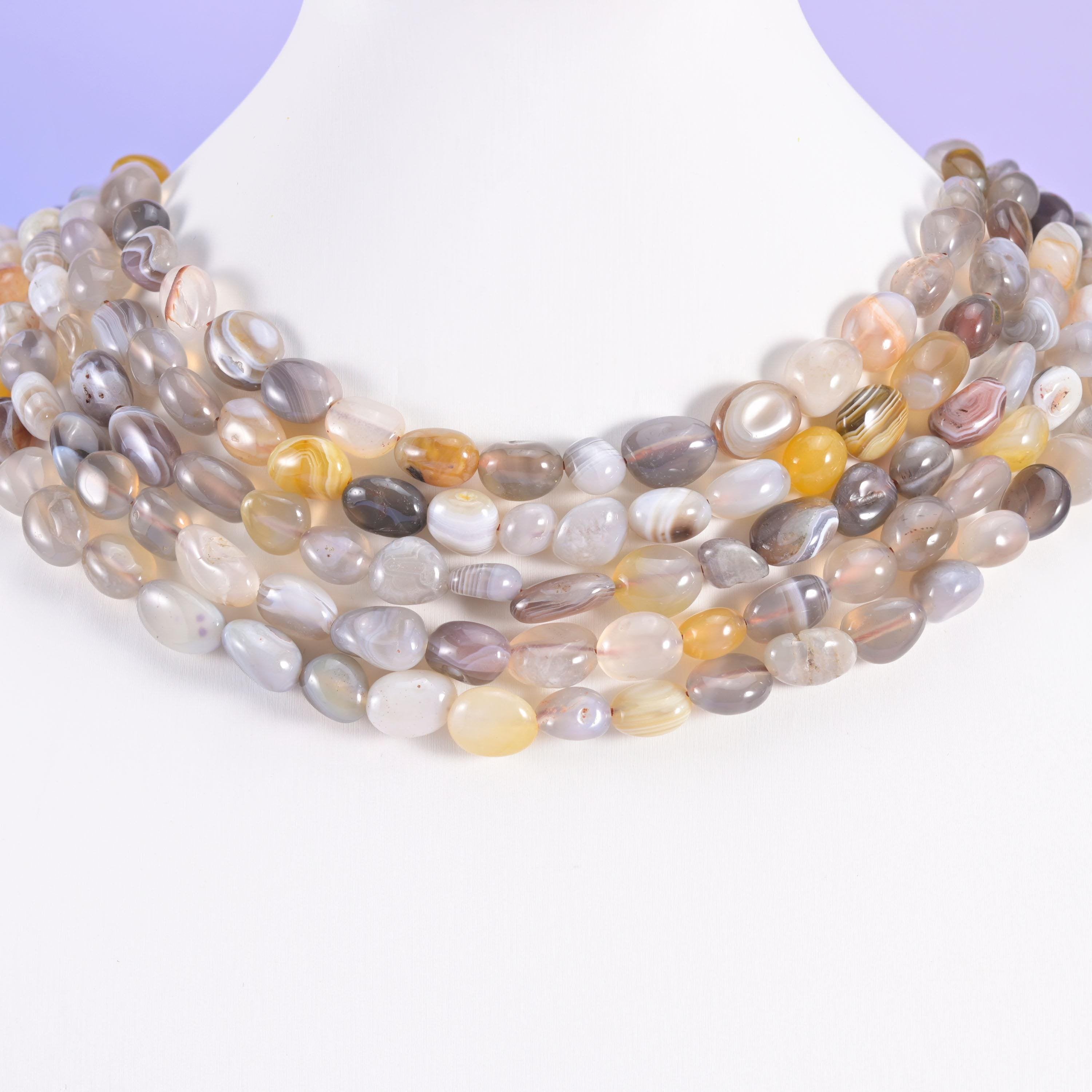 Botswana Agate pebble nuggets draped over a white neck display form