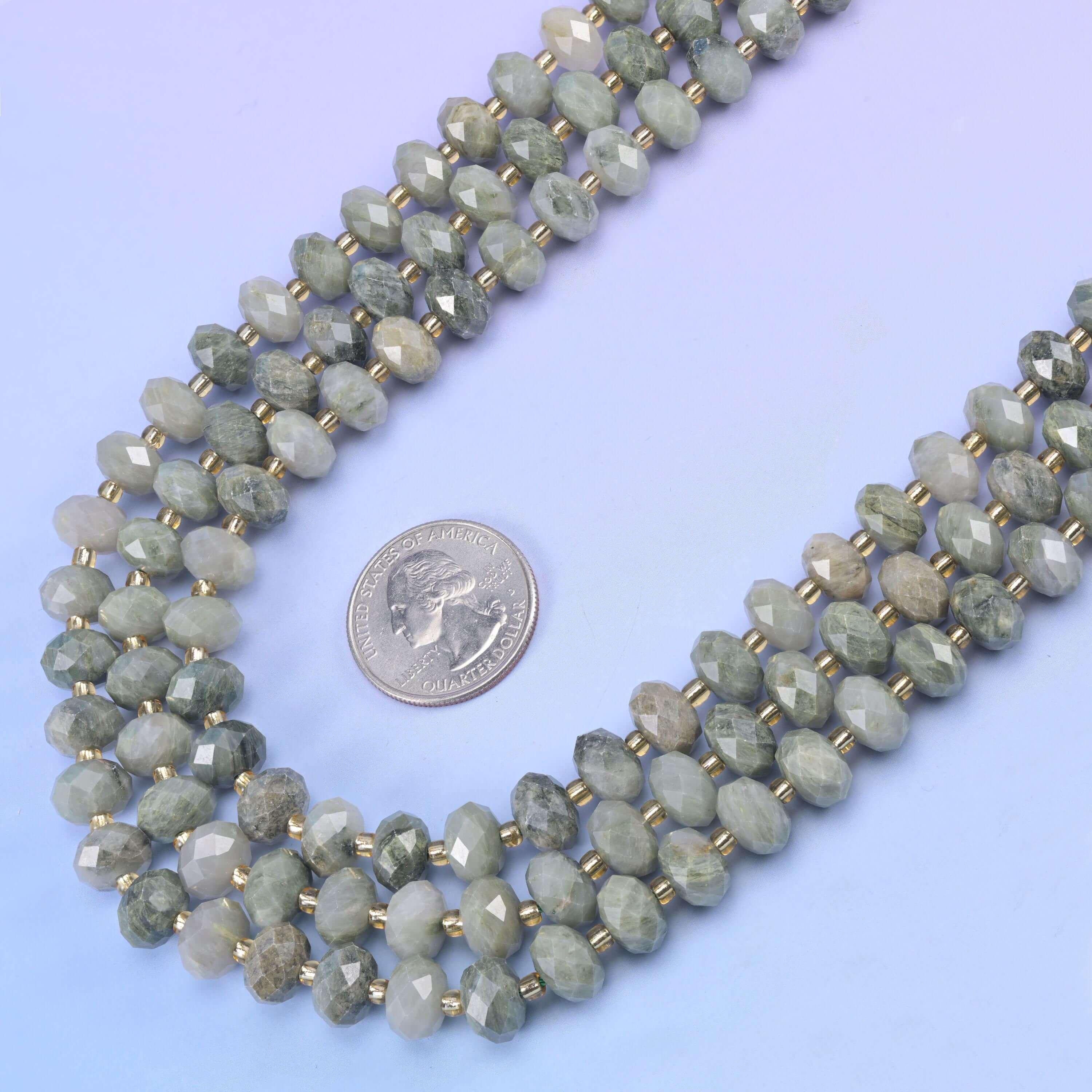 Green Rabbit Fur Quartz faceted rondelle beads, 15.5 inch strand