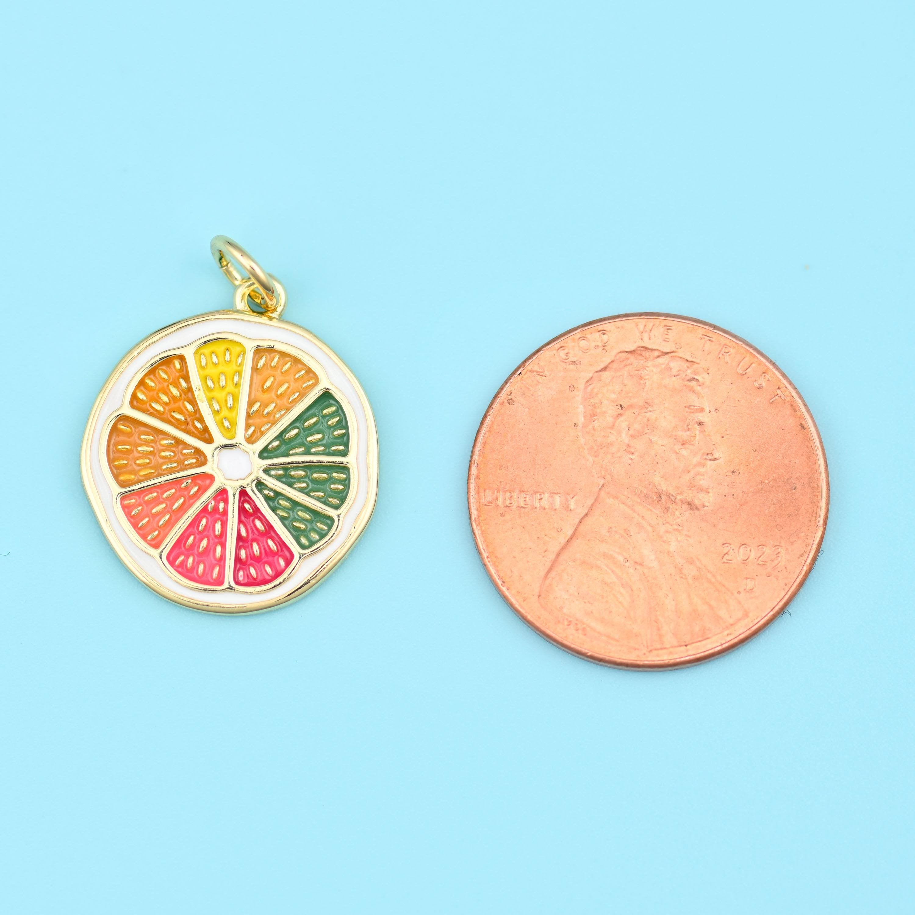 18K Gold Filled Enamel Lemon Slice Charm 18.13x15.93mm in yellow, orange, coral, pink and green enamel with a cream rind…