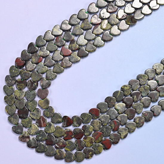 Dragon Bloodstone Flat Heart Beads, 15 inch strand