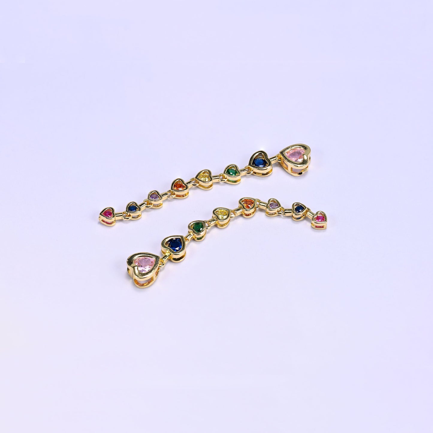 18K Gold Plated Brass Heart Bezel Chain featuring a graduated row of bezel-set heart-shaped zircon stones in a vibrant multicolor mix