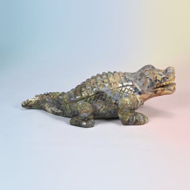 8.5 inch natural Indian agate crocodile carving, side view in olive green with cream and tan patches