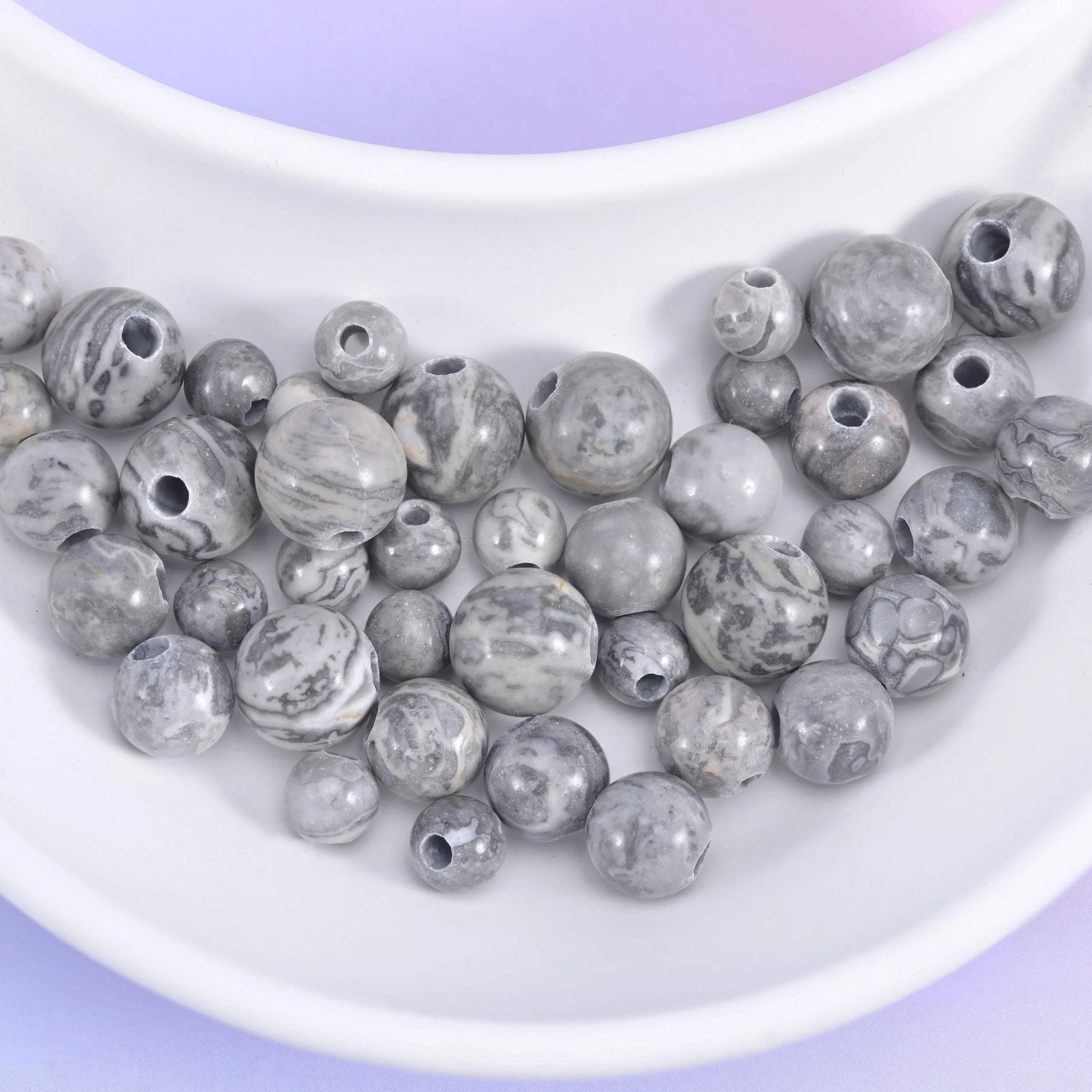 Map Jasper Large Hole Round Beads 6mm 8mm 10mm in pale dove grey with charcoal veining