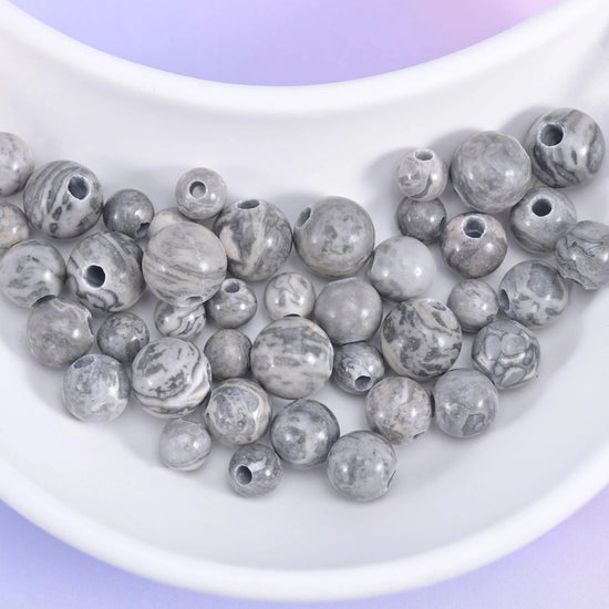 Map Jasper Large Hole Round Beads 6mm 8mm 10mm in pale dove grey with charcoal veining