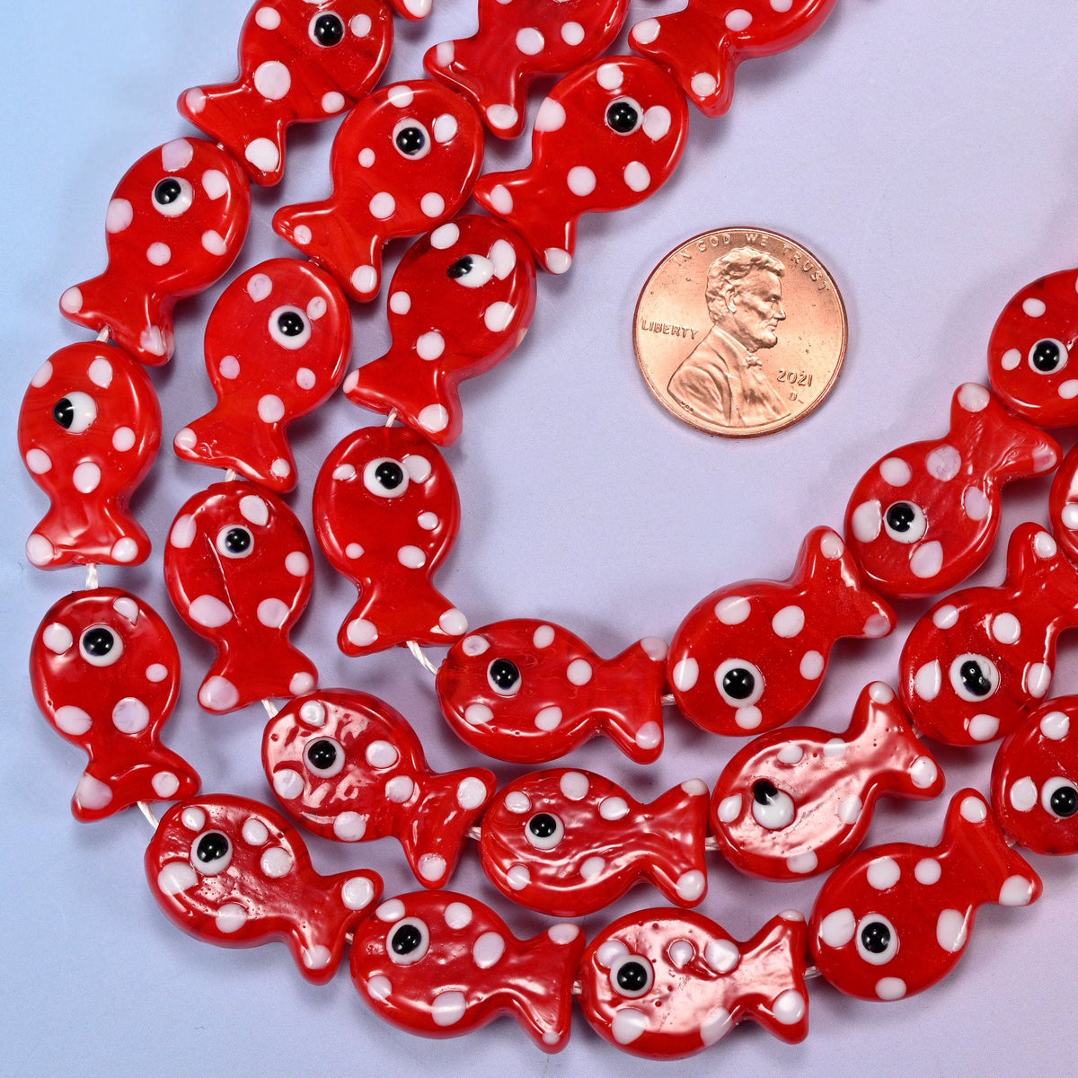 Red with White Dot Fish Glass Beads, 1.2mm hole