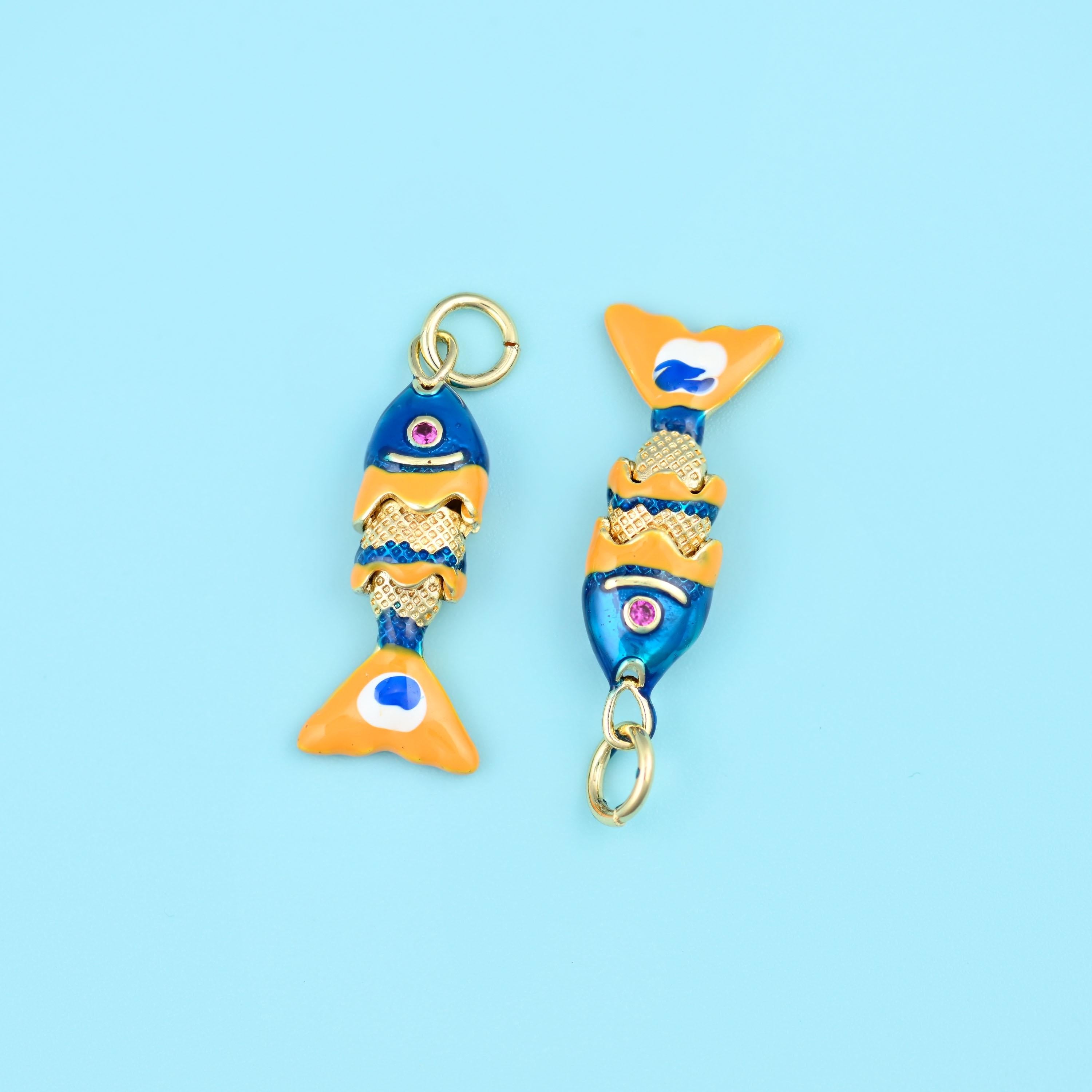 18K Gold Filled Blue Enamel Articulated Fish Charm 22.32x6.74mm in deep cobalt blue and apricot orange on gold