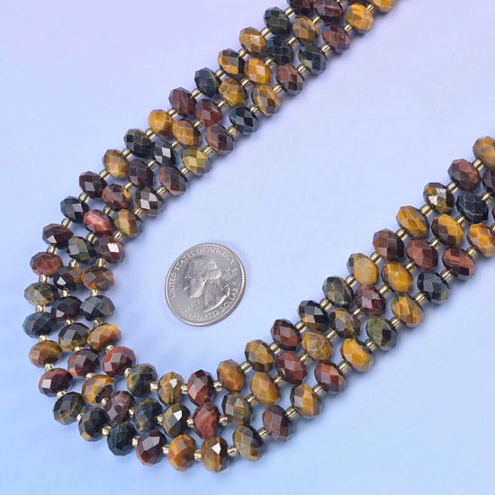 Tricolor Tiger Eye Faceted Rondelle Beads in honey gold, steel blue-grey and deep rust red