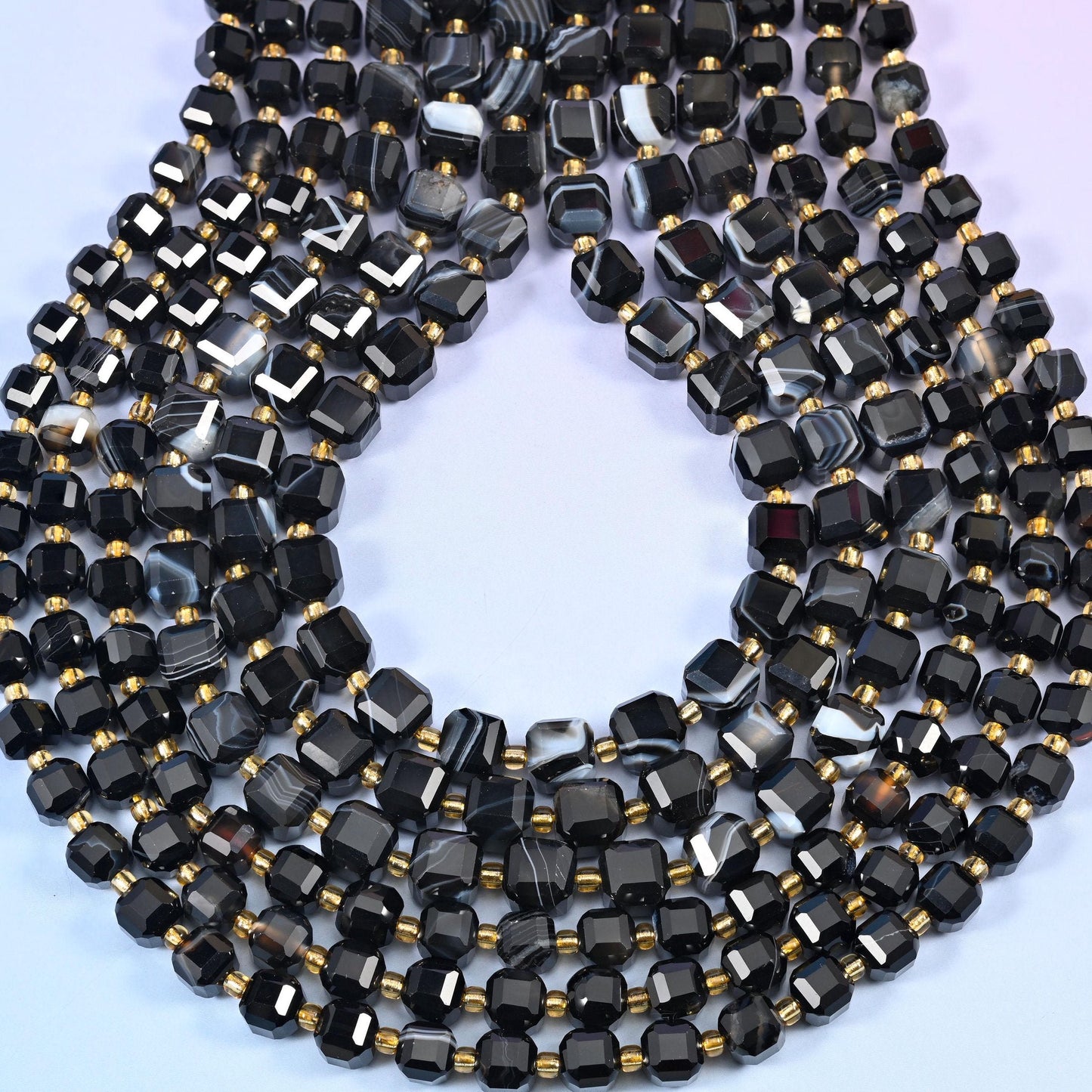 Dyed black strip agate faceted cube beads, hole approximately 1.2mm