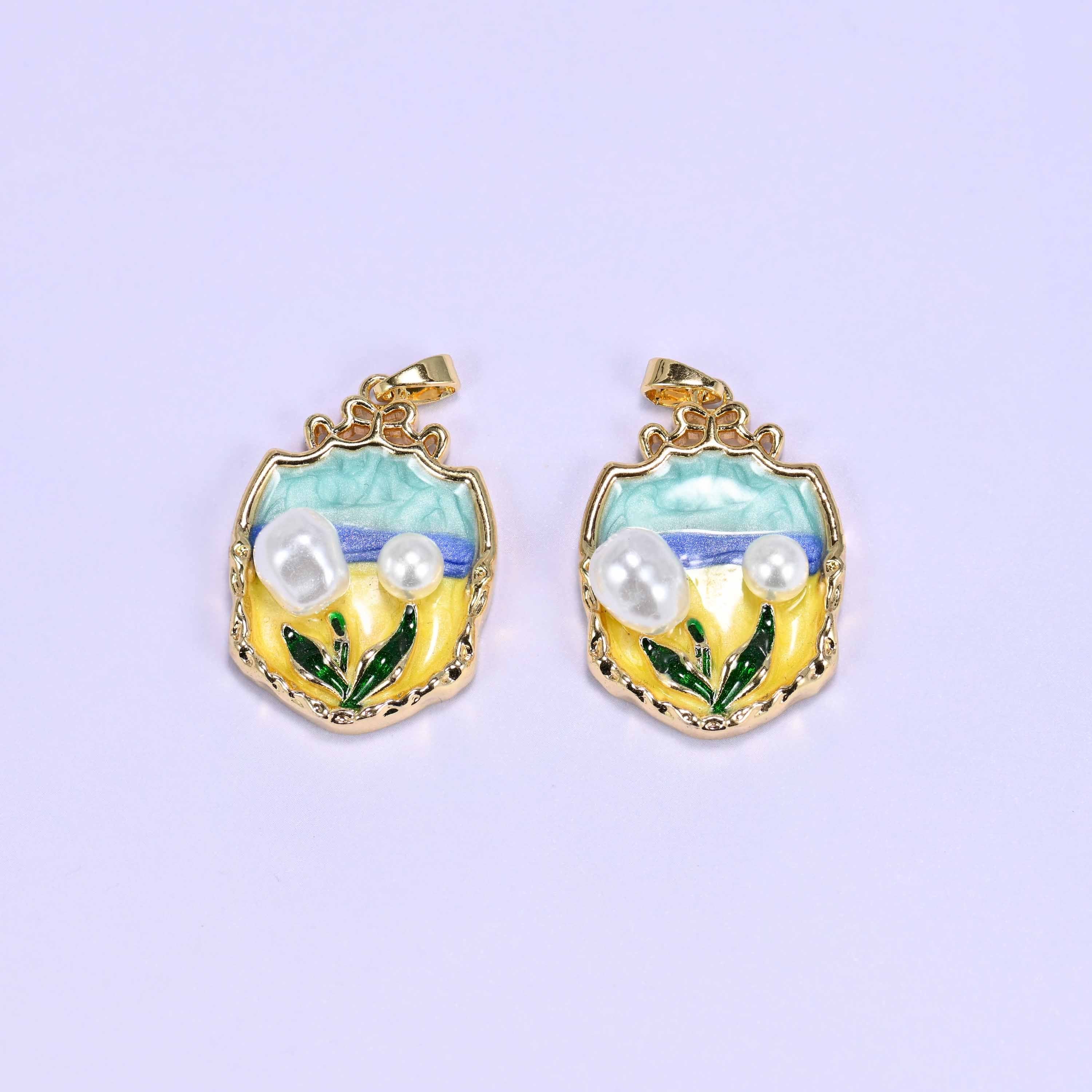 18K gold plated brass tulip charm, ornate shield frame