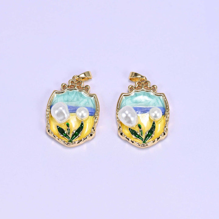 18K gold plated brass tulip charm, ornate shield frame