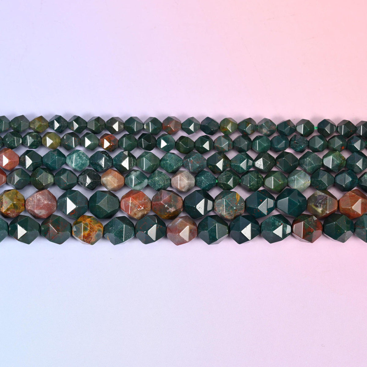 Indian Bloodstone faceted beads in flat horizontal rows, deep green with red-brown mottling, sold per 15.5 inch strand