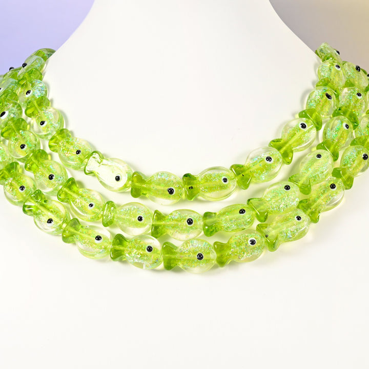 Lime green fish glass beads, 19x12mm