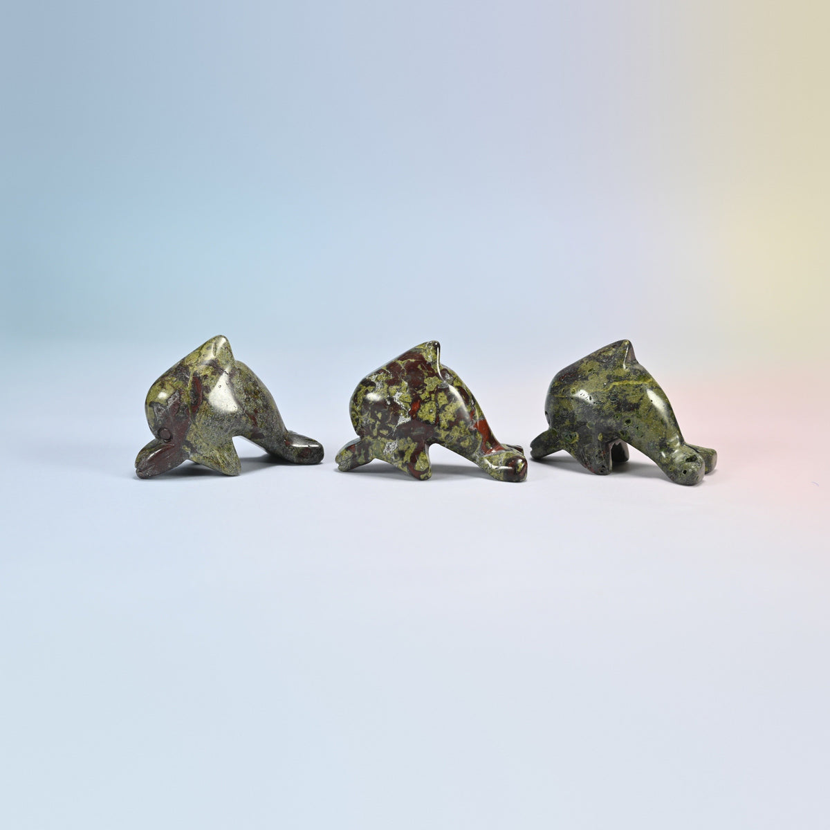 Three dragon bloodstone dolphin crystal carvings, 2 inch, dark green natural stone with red spots