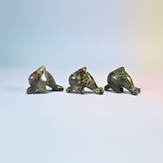 Three dragon bloodstone dolphin crystal carvings, 2 inch, dark green natural stone with red spots