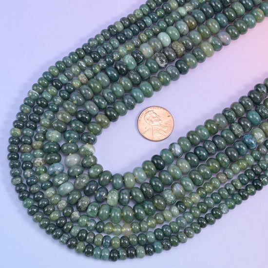 Moss Agate smooth rondelle beads, 15.5 inch strand