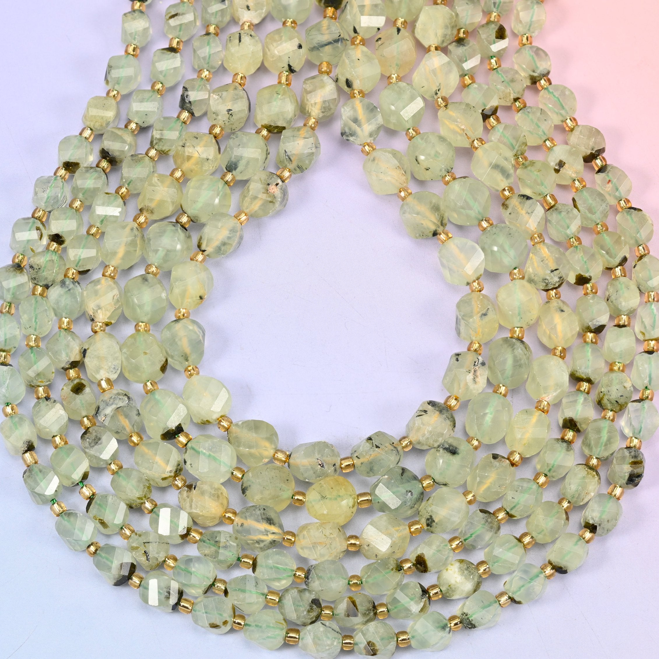 Prehnite Faceted Spiral Twist Beads: Size 8mm 10mm, Jewelry Making, 15 inch Strand
