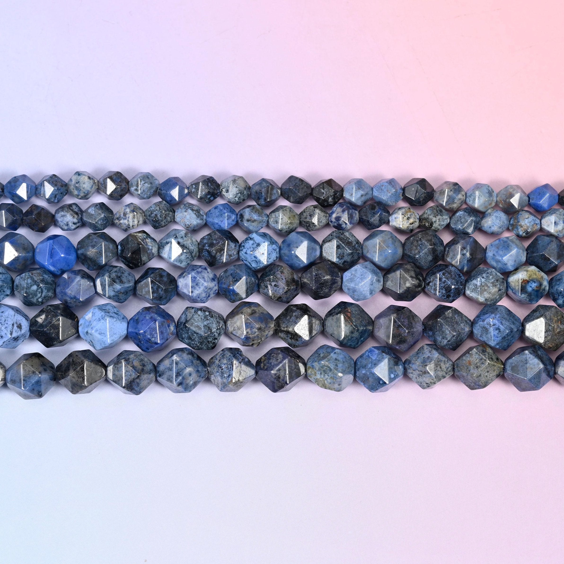 Blue Dumortierite Faceted Diamond Star Cut Beads 6mm 8mm 10mm in denim blue with charcoal grey and pale grey mottling