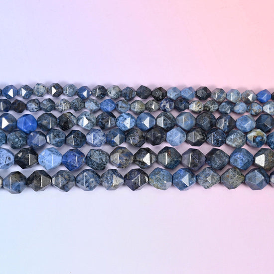 Blue Dumortierite Faceted Diamond Star Cut Beads 6mm 8mm 10mm in denim blue with charcoal grey and pale grey mottling