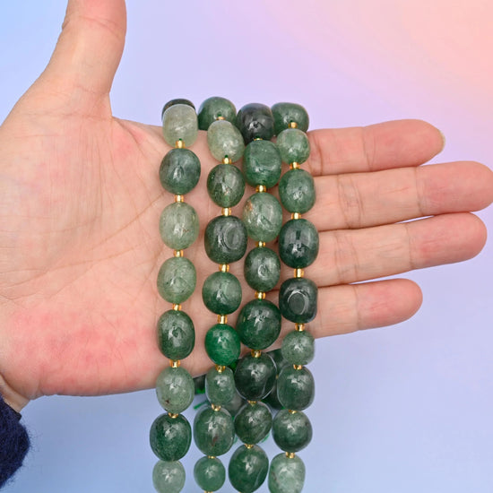 Green Strawberry Quartz beads, oval nugget shape, 10-17mm.