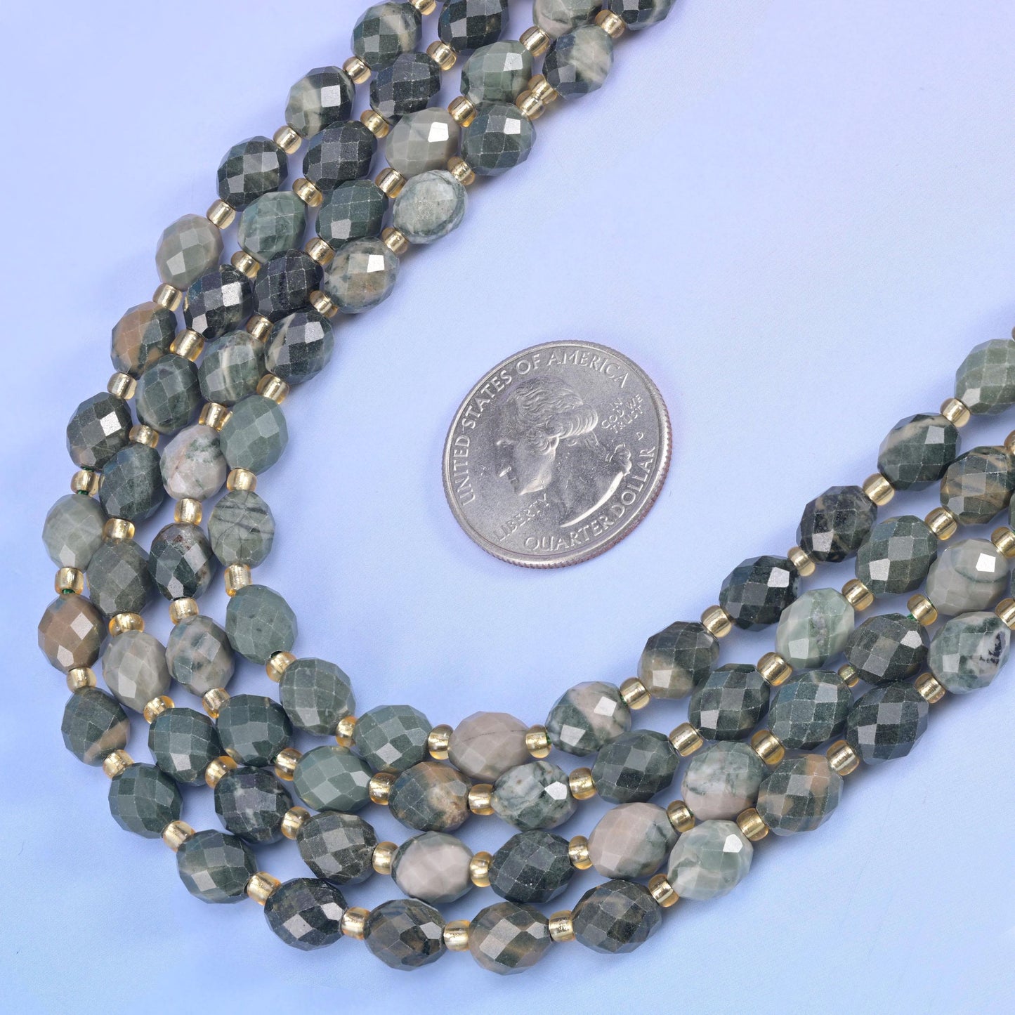 Green Rhodonite Faceted Rice Barrel Beads in muted sage and slate green