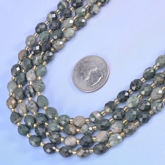Green Rhodonite Faceted Rice Barrel Beads in muted sage and slate green