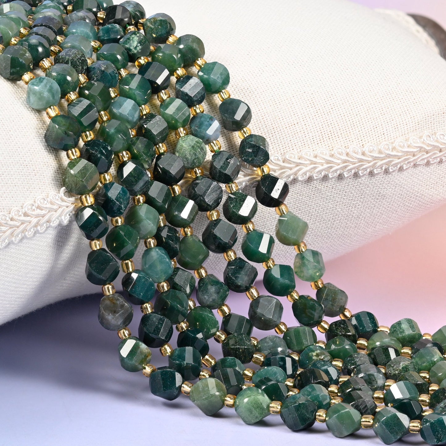 Moss Agate faceted spiral twist beads