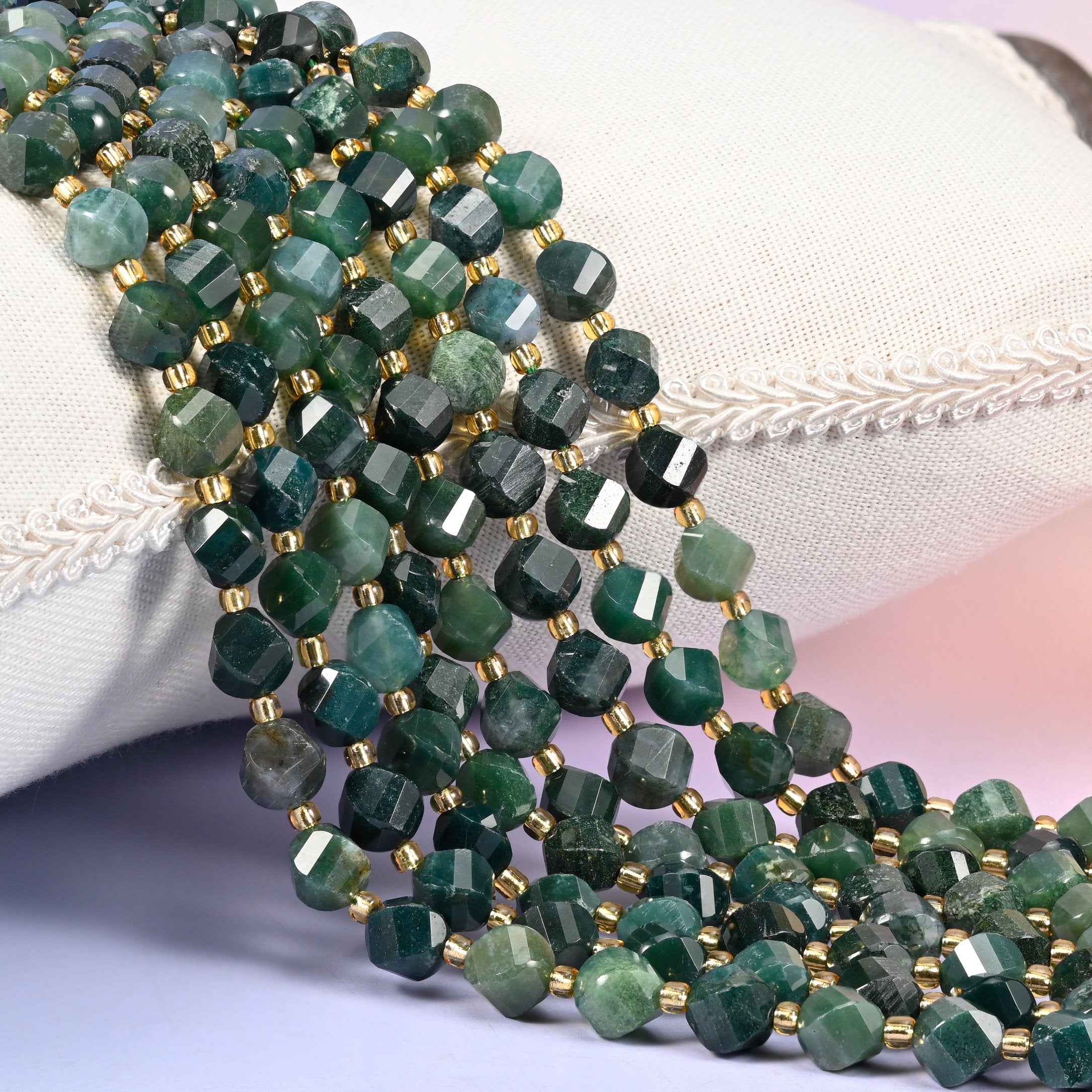Moss Agate faceted spiral twist beads