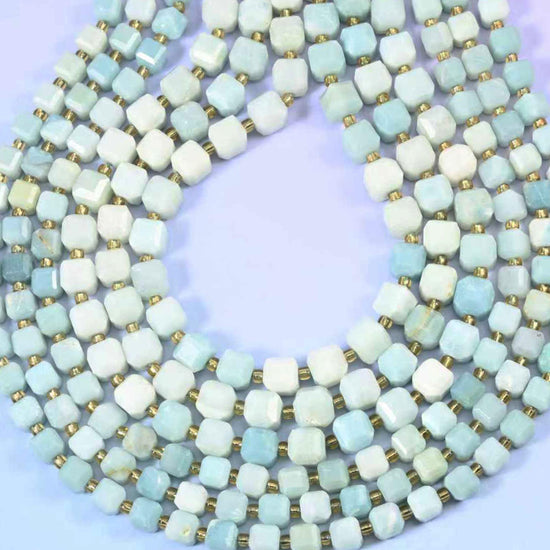 Blue Amazonite Faceted Cube Beads 6mm 8mm, hole approximately 1.2mm (+/- 0.2mm), centre drilled