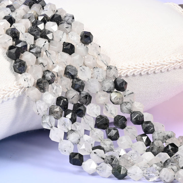 Black Rutilated Quartz Diamond Star Cut Beads, 6mm, 8mm and 10mm.