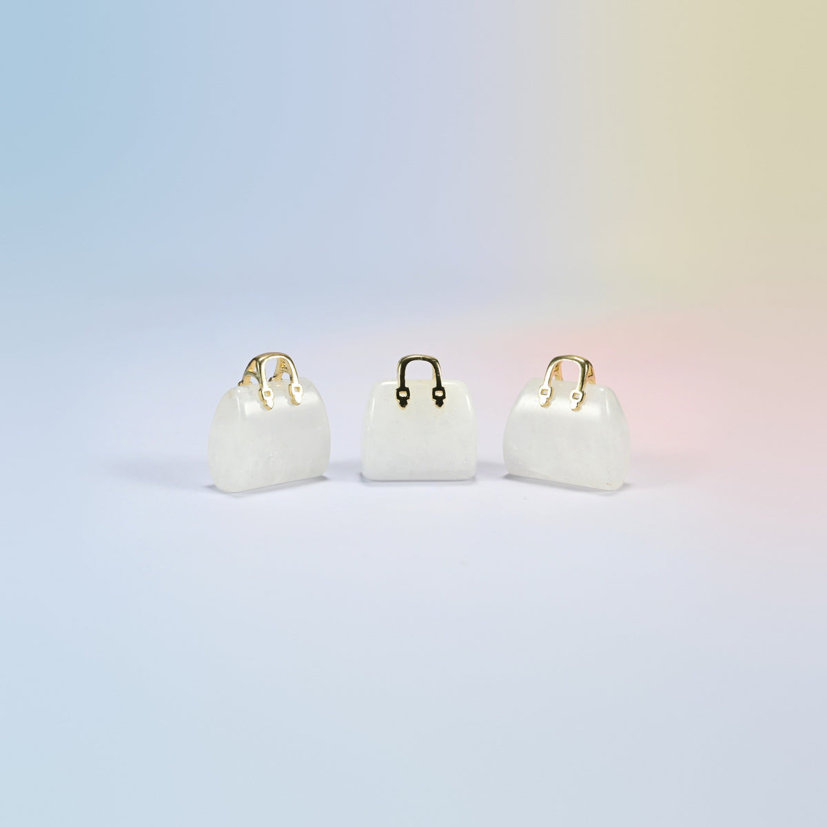 Three clear quartz purse crystal carvings, 1 inch, milky clear natural stone, gold-tone handle
