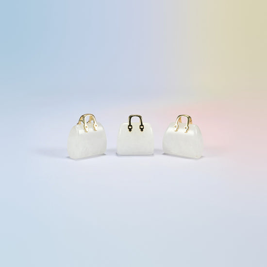 Three clear quartz purse crystal carvings, 1 inch, milky clear natural stone, gold-tone handle