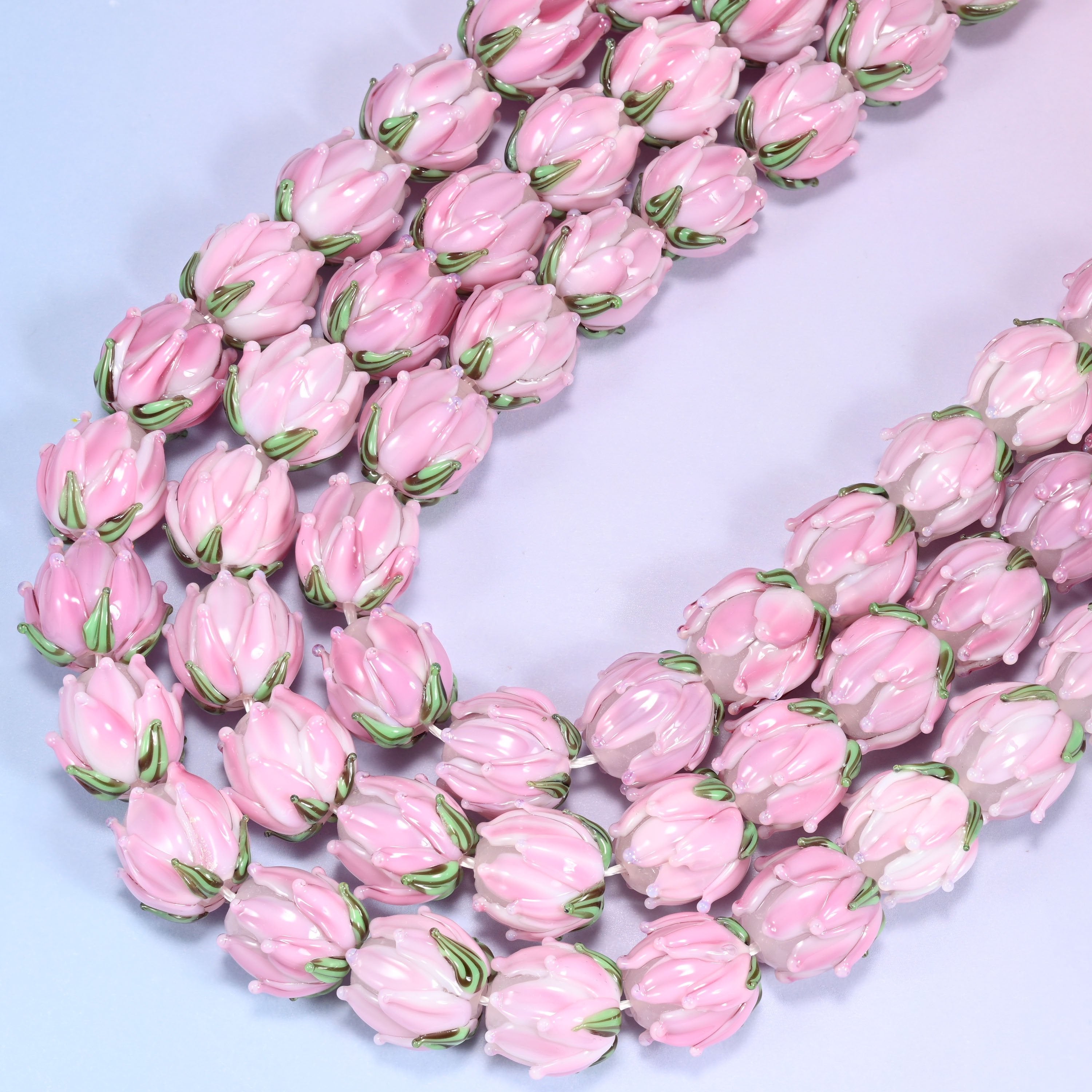 Pink tulip flower bud lampwork glass beads, 11 inch strand
