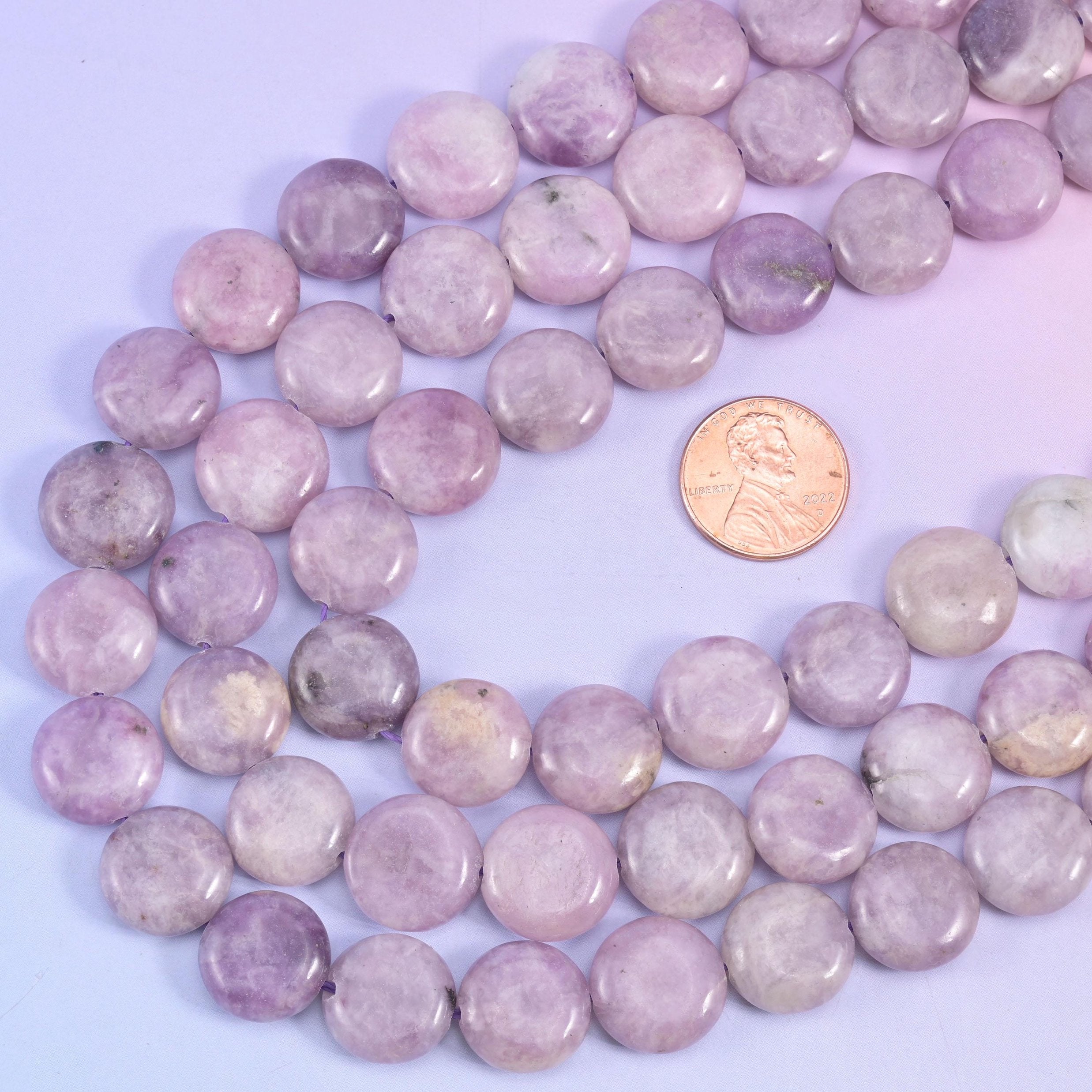 Lepidolite smooth coin beads, 15 inch strand