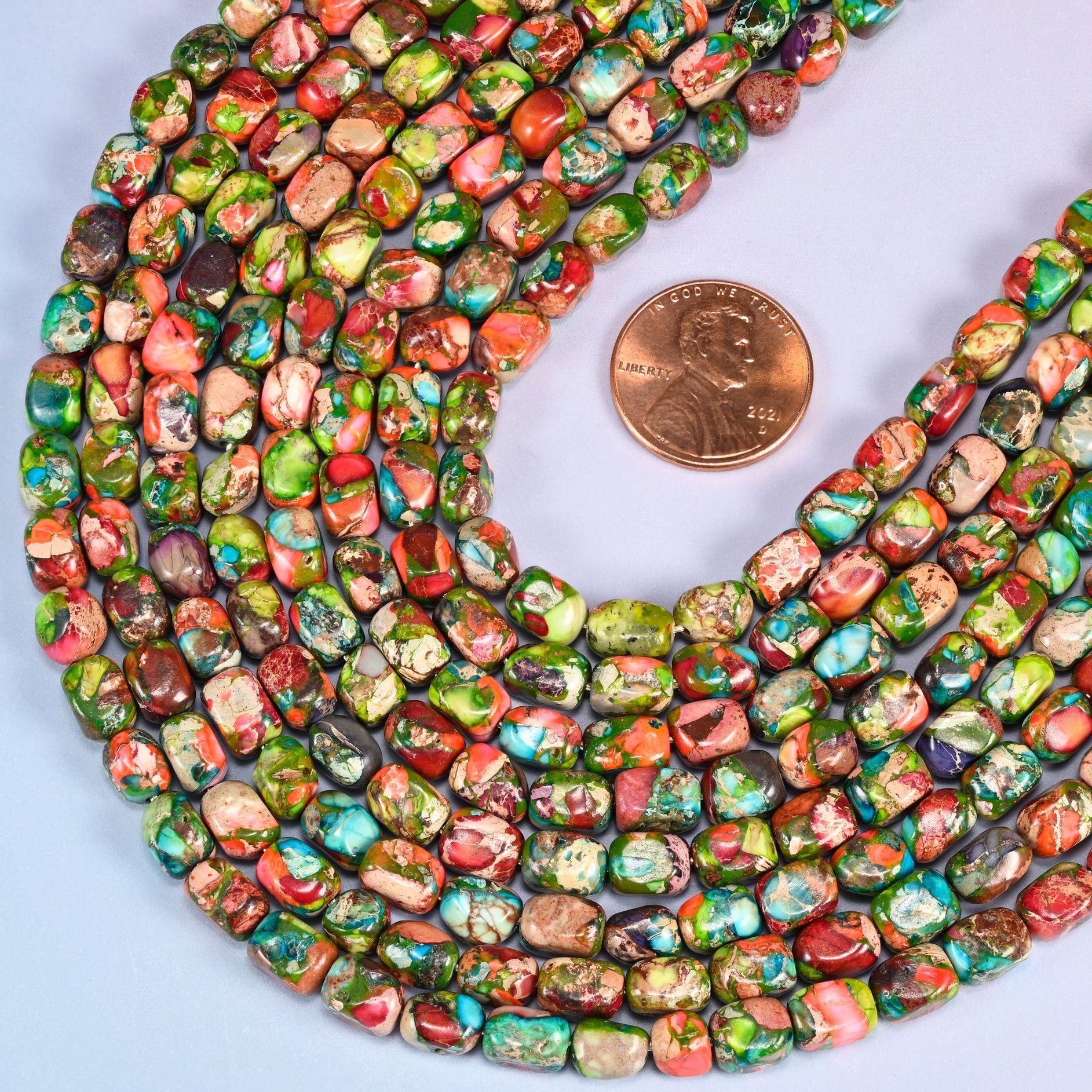 Tumbled nugget beads in dyed Sea Sediment Jasper, apple and moss green